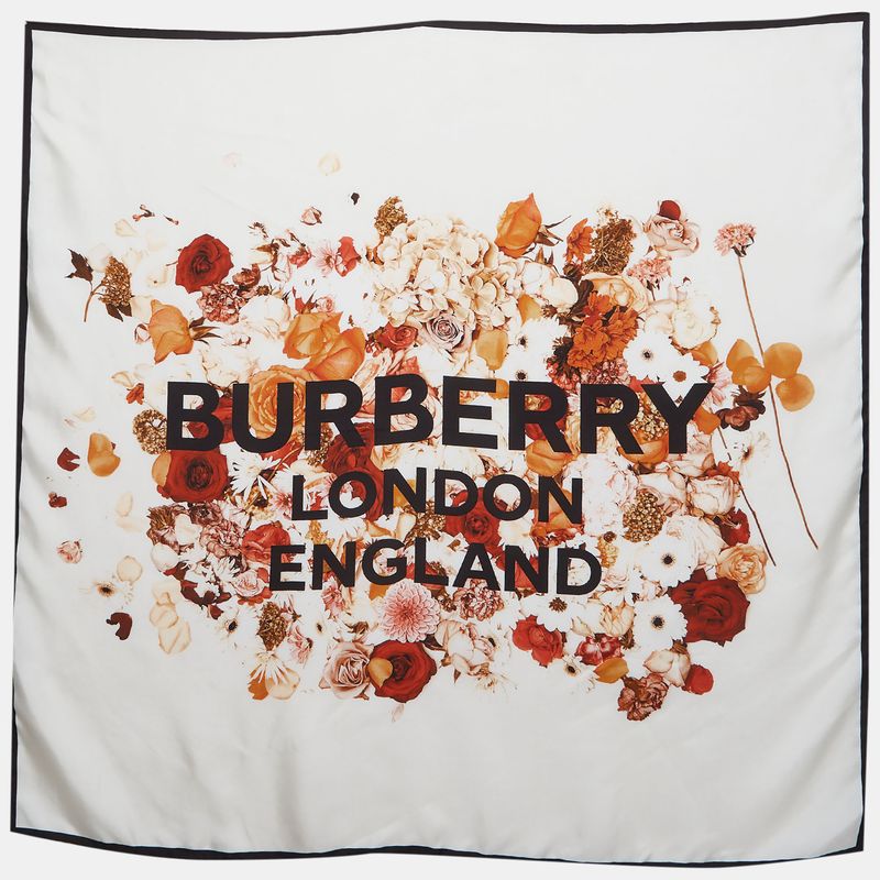 Burberry White Floral Print Silk Scarf